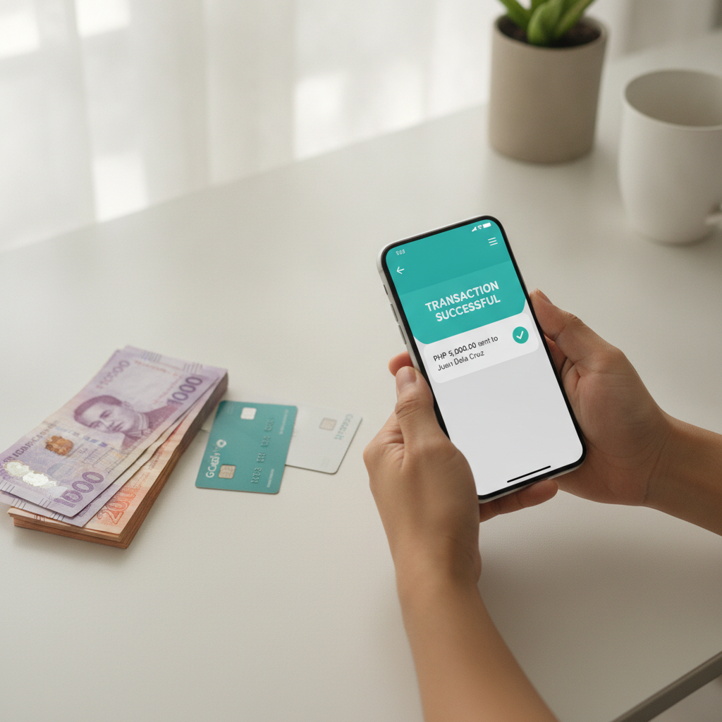 Hands holding smartphone showing successful cash withdrawal transaction with peso bills and payment cards on desk